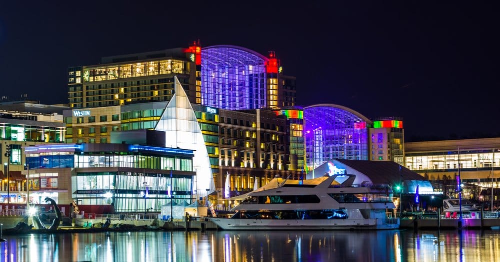 National Harbor at night with lights 