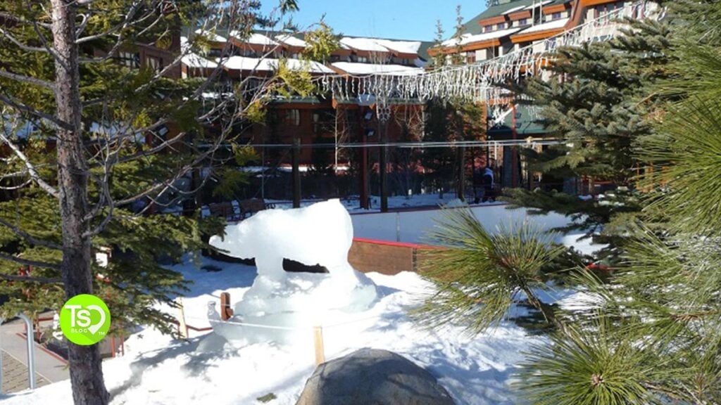 Photo of Marriott's Grand Residences in Lake Tahoe during winter, with visible snow and an ice sculpture of a polar bear.
