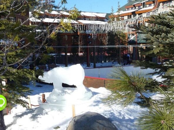 Photo of Marriott's Grand Residences in Lake Tahoe during winter, with visible snow and an ice sculpture of a polar bear.